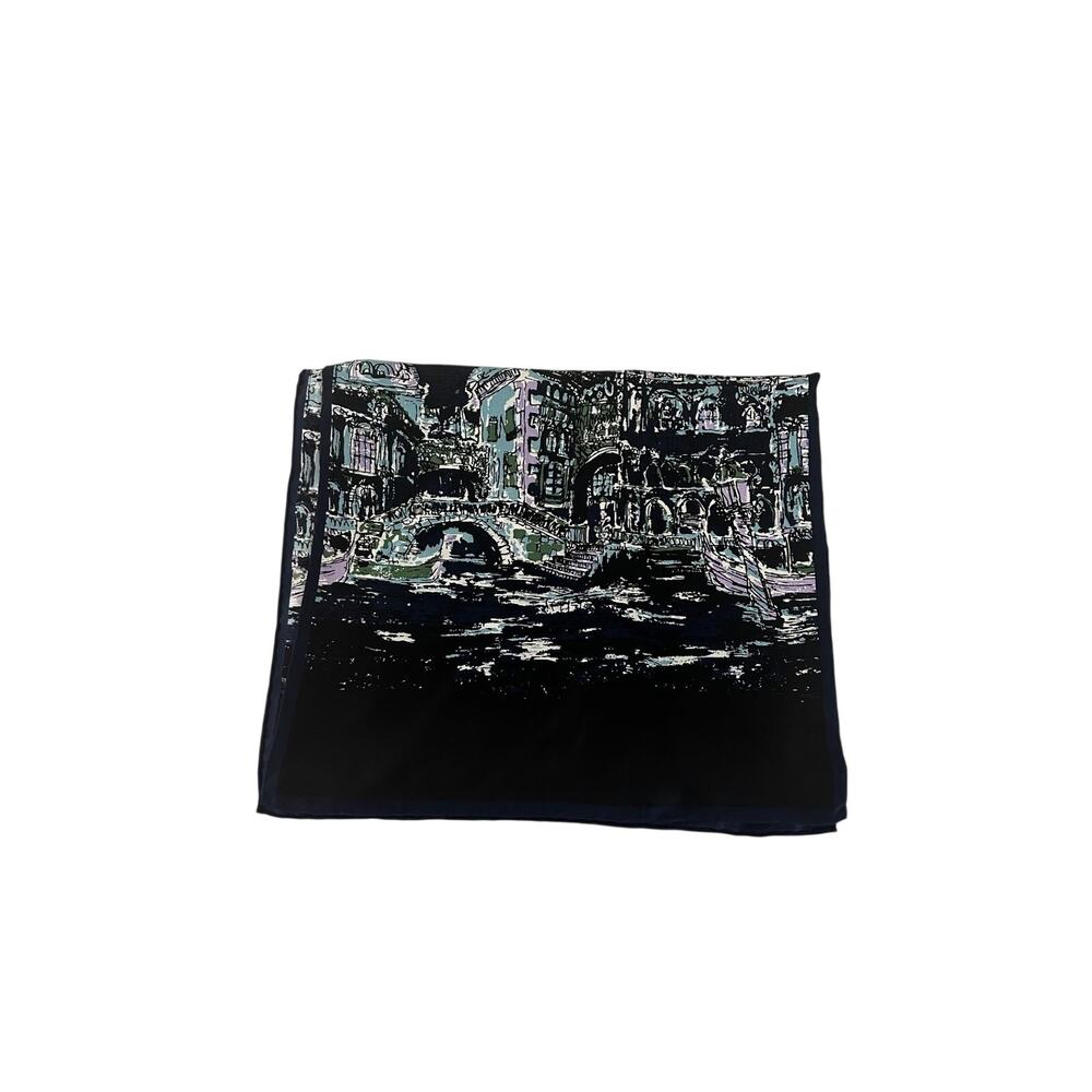 Talbots Silk Scarf Blue Venice Italy Canal Scenic Prin Oversized Luxury - Picture 8 of 11